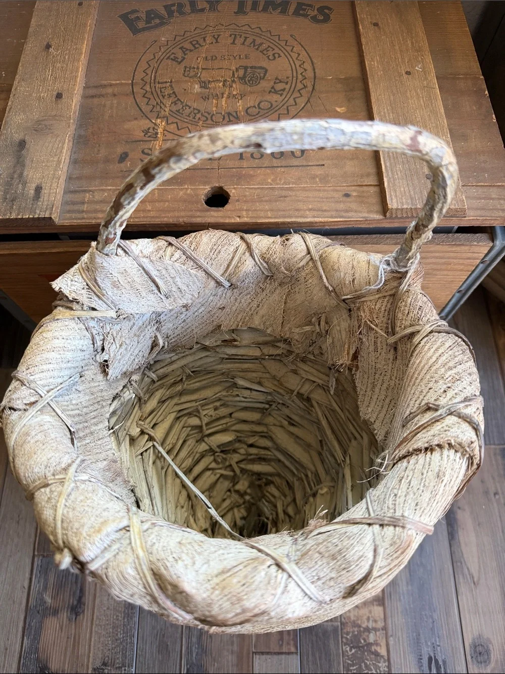 Organic Handmade Palm Frond Husk Wall Hanging Basket with Curved Branch Handle